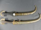 two very long horns that are sitting on a table
