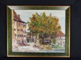 une peinture représentant un arbre devant un immeuble