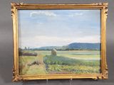 an oil painting of a landscape with a field in the foreground