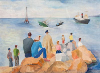 a painting of a group of people sitting on a rock by the water