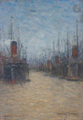 tableau représentant un port avec des bateaux sur l'eau