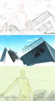 sketches of a man standing in front of a building and a drawing of a man standing in front of a building