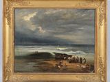 une image représentant un tableau montrant des personnes sur une plage au bord de l'océan