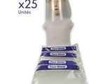 a close up of three bags of face shields on a white background