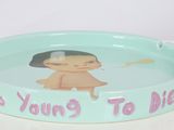 a blue tray with a picture of a little girl on it