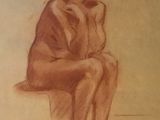 drawing of a woman sitting on a bench with her legs crossed