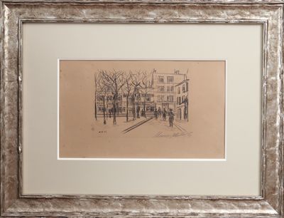 framed drawing of a street scene with a horse drawn carriage