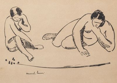 dessin représentant un homme et une femme assis par terre l'un à côté de l'autre