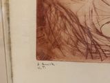drawing of a woman ' s face in a white frame with a brown background