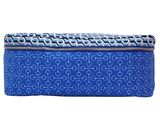 a blue and white clutch bag with a chain design