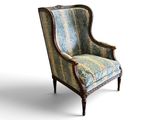 an upholstered chair with a striped upholstered upholstered seat
