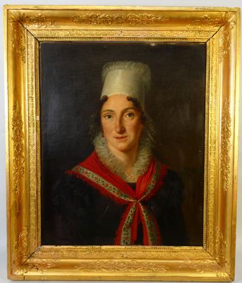 tableau représentant une femme portant un chapeau blanc et un foulard rouge