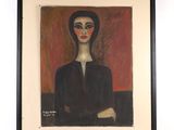 tableau représentant une femme en robe noire sur fond rouge
