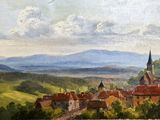 peinture représentant une vue d'un village avec une église au premier plan