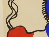 an image of a painting of a woman ' s face with red and blue circles on it