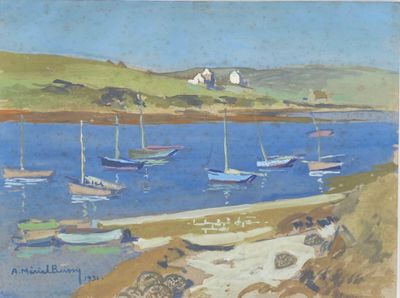 many boats that are sitting in the water by the shore