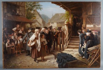 a painting of a group of people standing outside of a building