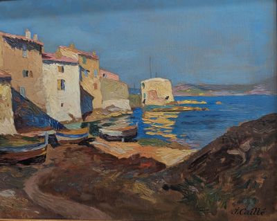 un tableau représentant des bateaux sur la rive, au bord de l'eau