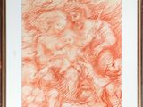 an orange drawing of a woman holding a child in her arms