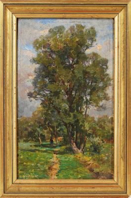 une peinture à l'huile représentant un arbre dans un champ, avec un sentier