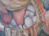a painting of a chicken with a basket of eggs in it