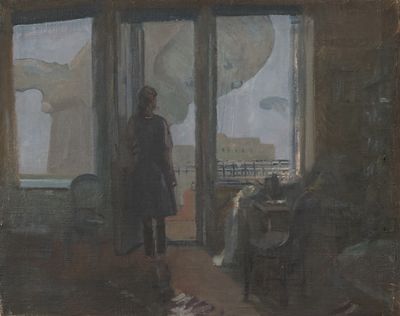 tableau représentant une femme regardant par la fenêtre un paysage urbain