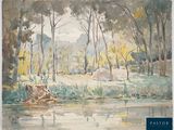 watercolor painting of a river with trees and bushes in the foreground