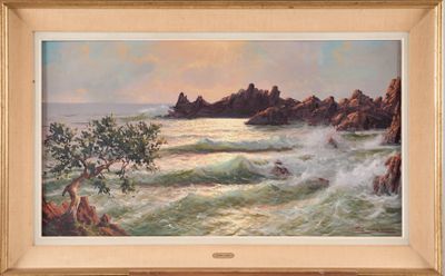 an oil painting of a beach scene with waves crashing against the rocks