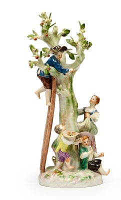 une figurine représentant un garçon et une fille en train de grimper à un arbre