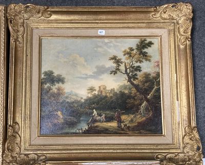 une image représentant un tableau où l'on voit un homme et un chien dans un décor boisé
