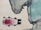 a painting of a person standing on a beach next to a dog