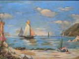 a painting of sailboats on the water near the shore