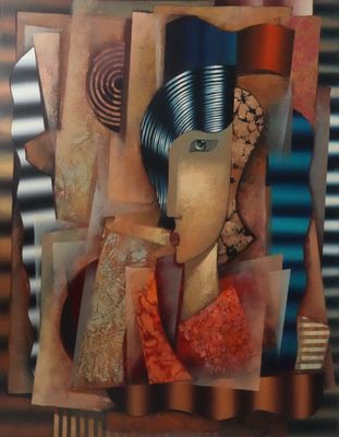 peinture abstraite représentant une femme tenant un couteau et une fourchette à la main