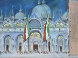 a painting of a large building with a clock on it