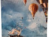 an oil painting of a ship in the ocean with hot air balloons in the sky