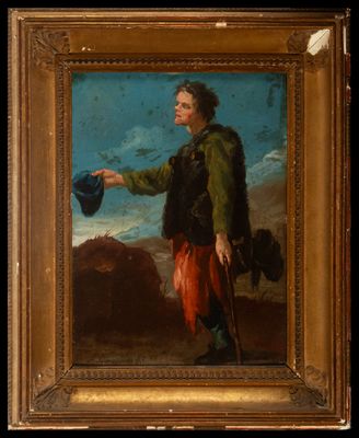 tableau représentant un homme tenant un chapeau bleu et un sac bleu