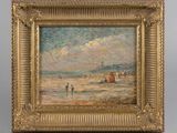 a painting of a beach scene with people on the water
