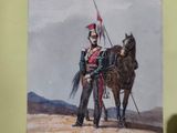un tableau représentant un homme en uniforme debout à côté d'un cheval