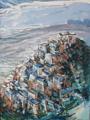an oil painting of a city on a hill with a river running through it