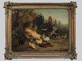 un tableau représentant un coq et des poules dans un champ