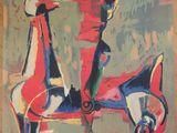abstract painting of a man riding a horse with a woman on the back