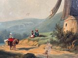 painting of a windmill on a hill with a couple of people riding on the back of a horse