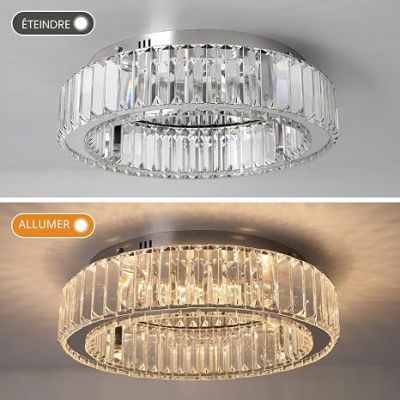 deux photos d'un lustre circulaire en cristal suspendu au plafond