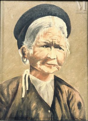 tableau représentant une vieille femme coiffée d'un chapeau noir et aux cheveux blancs