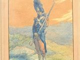 painting of a soldier with a rifle in a field with a sunset in the background