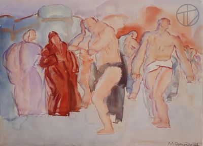 a painting of a group of people standing in front of a building