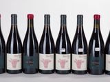 six bottles of red wine lined up in a row
