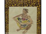 un tableau représentant un homme assis par terre, sur un fond jaune et marron