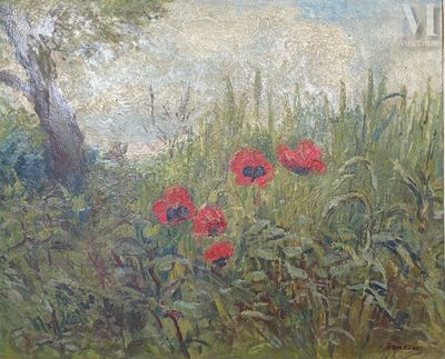 a painting of a field with red flowers and a tree