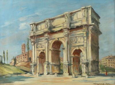painting of a painting of a building with a clock tower in the background